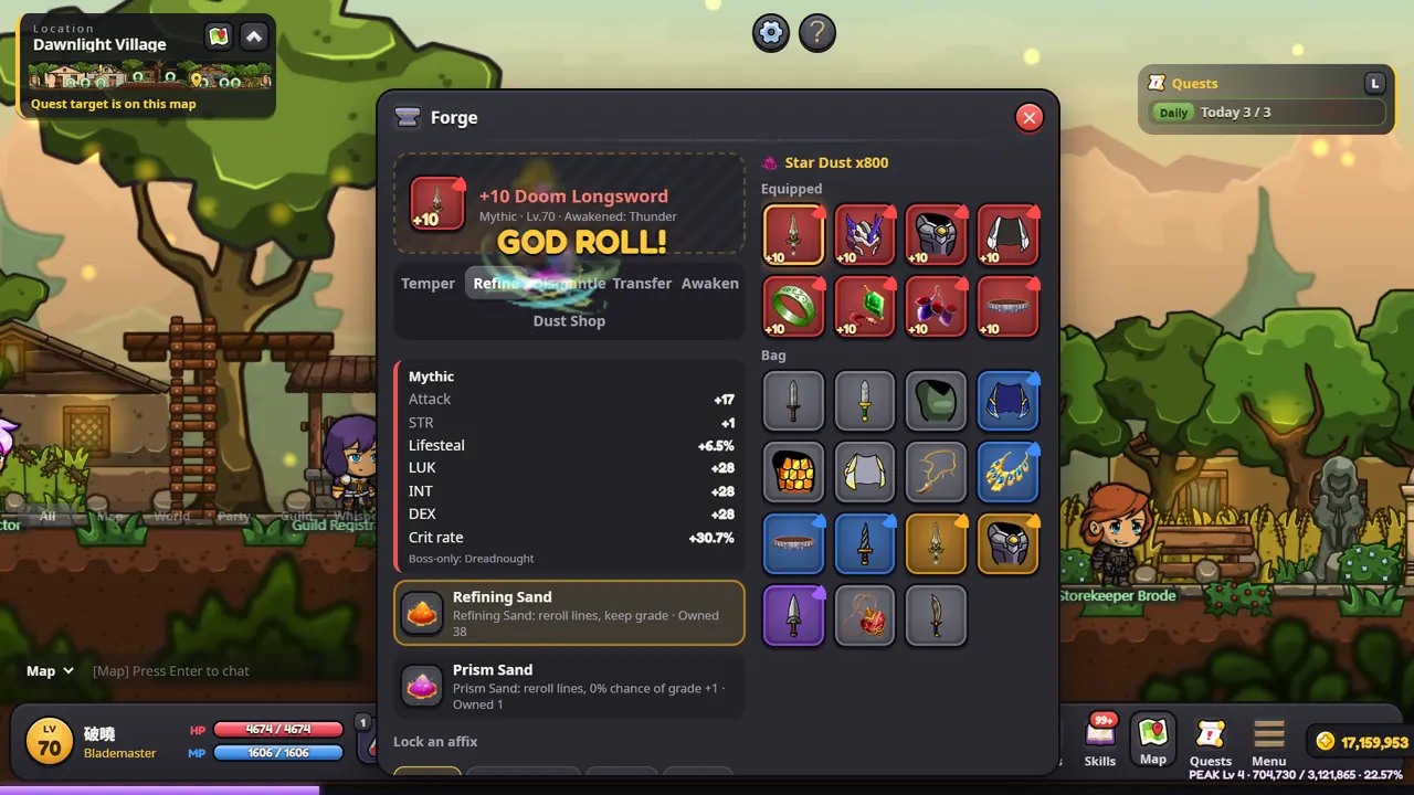 Rolling a god-tier item at the forge