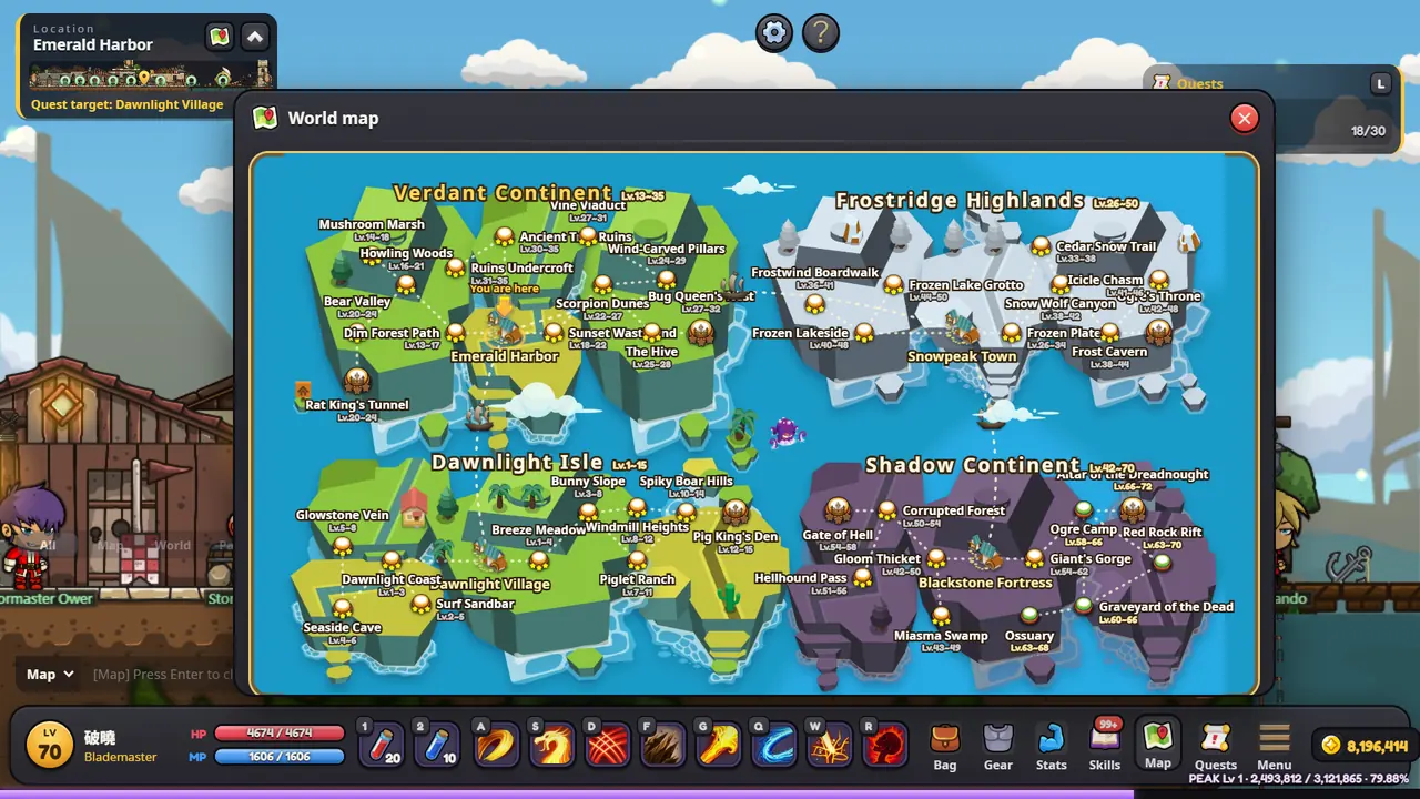 The world map with four continents and map levels